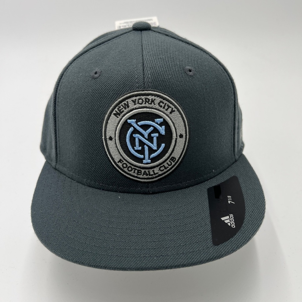 Adidas New York City FC NYCFC MLS Fitted Hat‎ Size 7 1/8 Dark Gray Flat Brim Cap